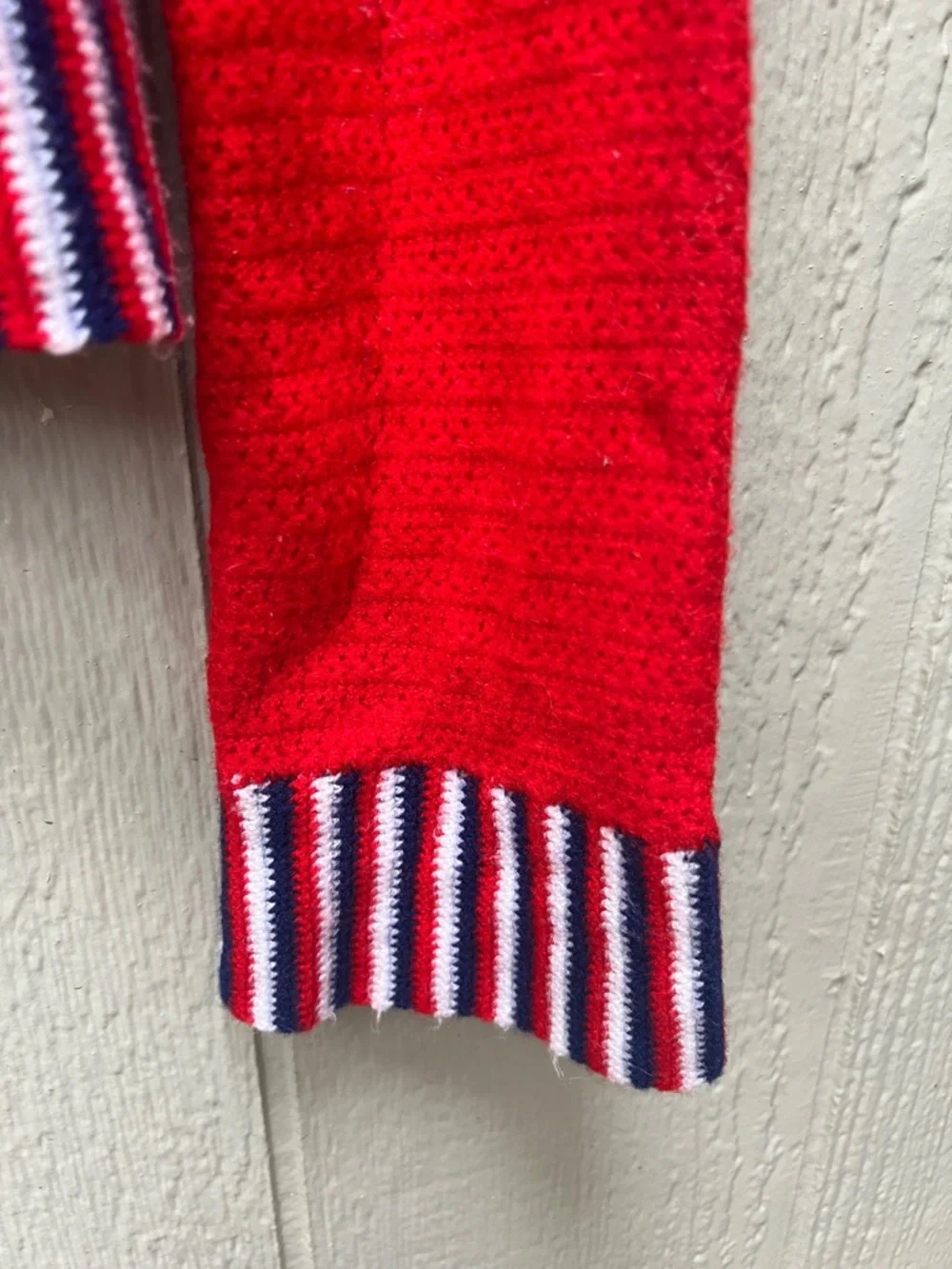 Vintage Red Button-Up Sweater with Striped Trim - Picture 3 of 6